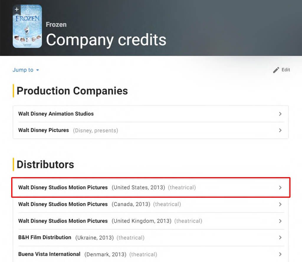 Screenshot showing the Distributors for the movie Frozen on the IMDb website.