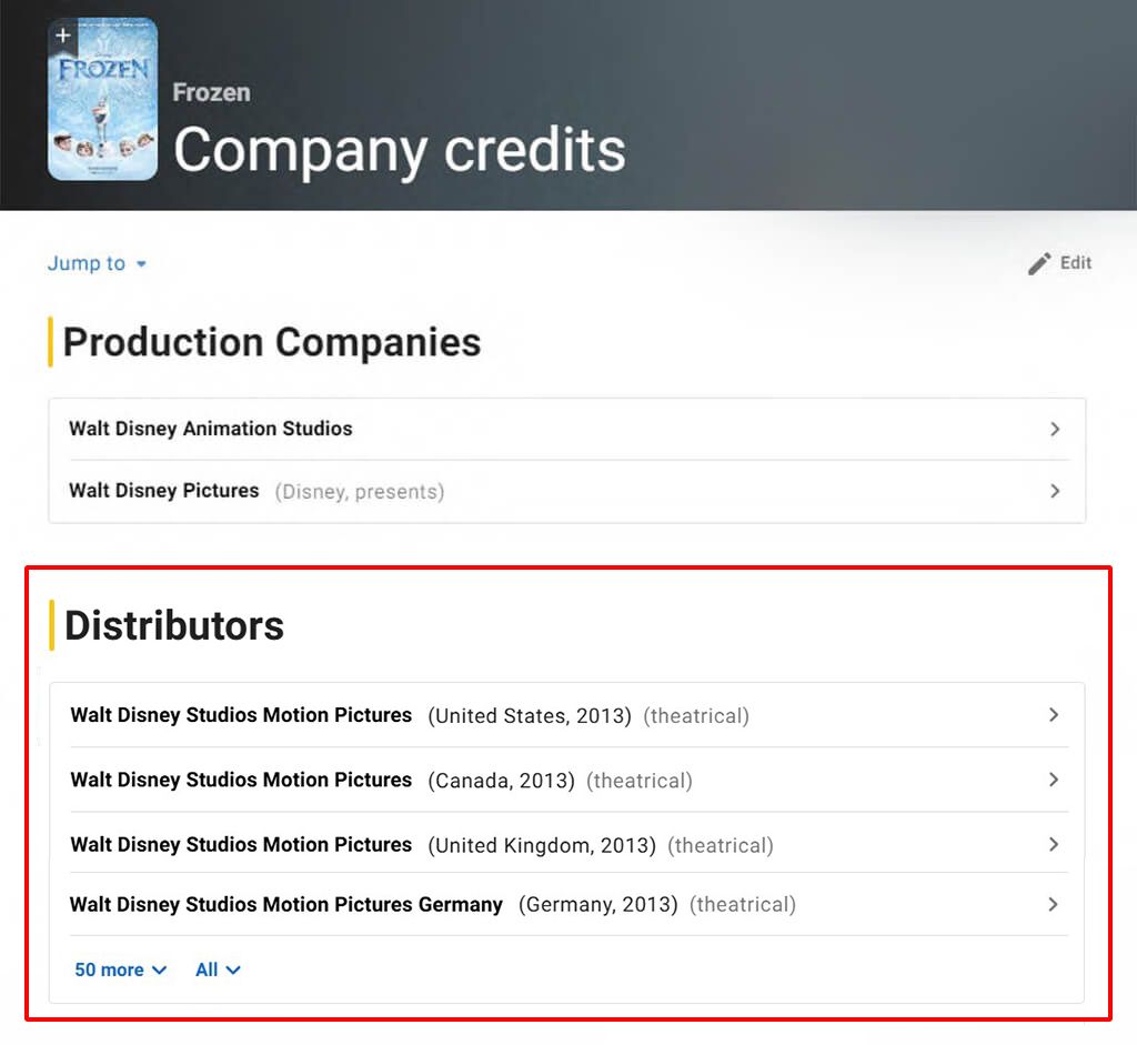 Screenshot showing the Distributors for the movie Frozen on the IMDb website.